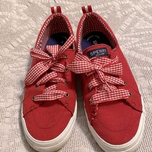Sperry sneakers with red/white gingham laces